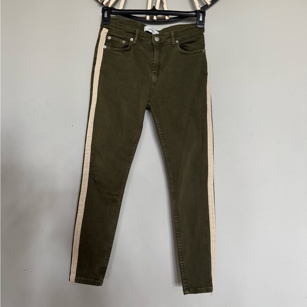 ZARA Olive Green Women's Jeans with Sparkle Tan Stripes